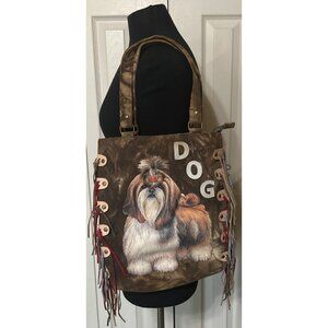 For Nine Dark Brown Corduroy Shih Tzu Dog Theme Shoulder Bag w/Leather Tassels